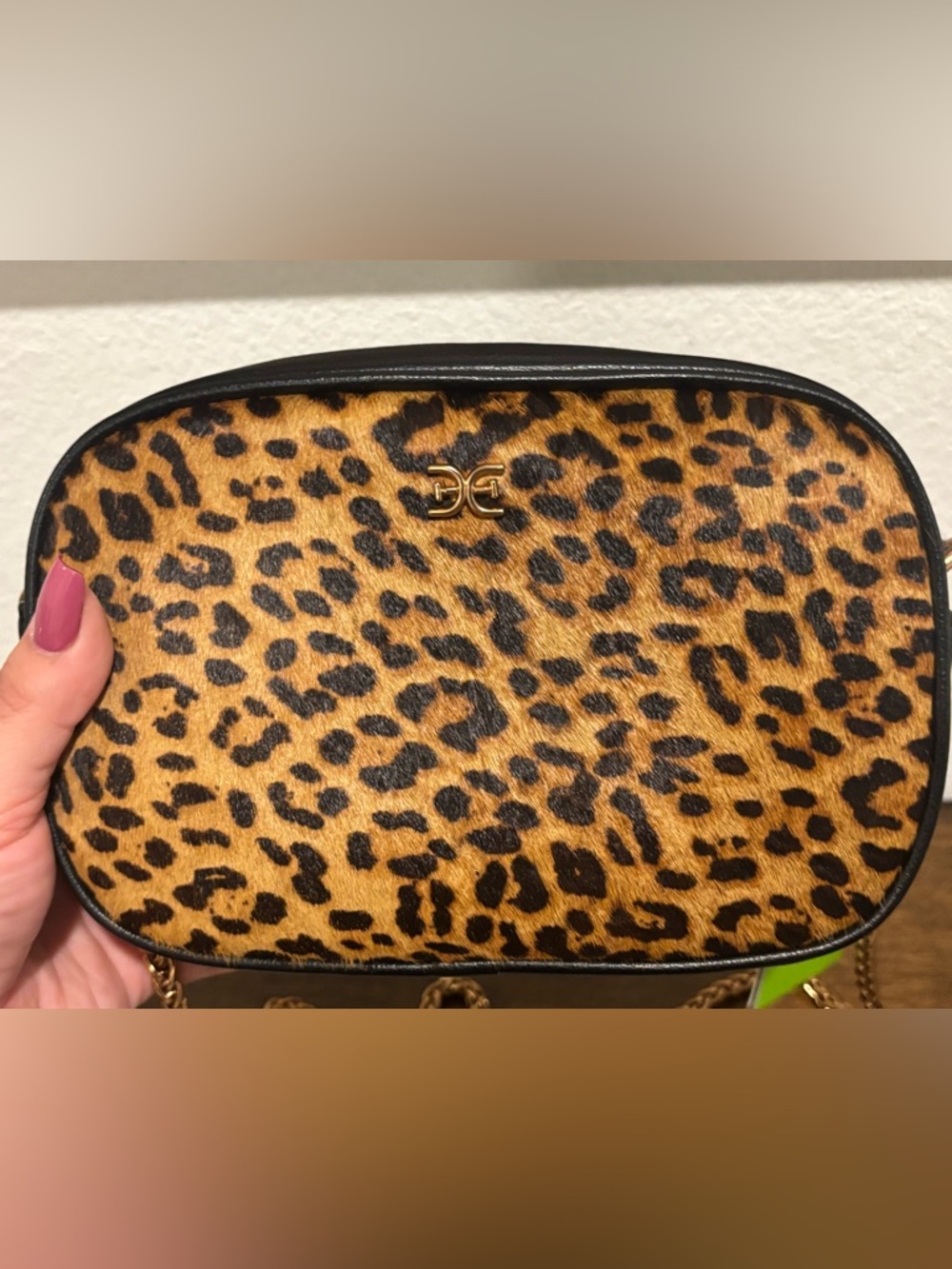 Sam Edelman Leopard Spot Calf Hair Crossbody in Brown and Black with Gold Chain - Picture 4 of 12
